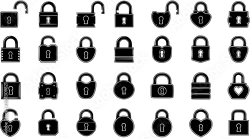 Black Padlock Icons: Variety of Lock and Unlock Symbols