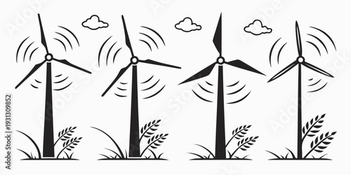 Four wind turbines generating clean energy with birds and plants nearby