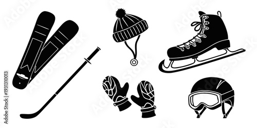 A collection of winter sports equipment including skates, gloves, and a helmet