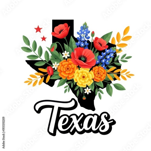 Texas state outline silhouette with colorful floral bouquet flat illustration