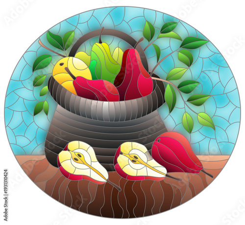 Illustration in the style of a stained glass window with a still life, a basket with pears on a table on a blue background