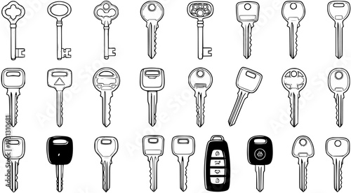Diverse Key Collection: From Antique Skeleton Keys to Modern Car Transponder Keys and Remote Fobs, Illustrating Security, Access, and Locksmith Concepts.