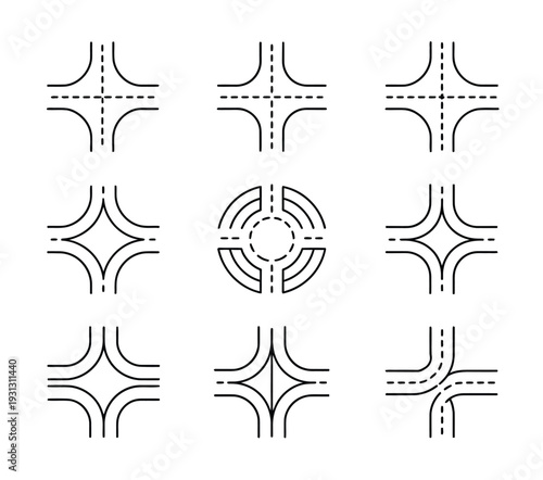 Set of Nine Road Intersection Icons with Various Designs, professional vector pack showing multiple street intersection types, traffic flow and urban layout symbols, scalable icons for navigation