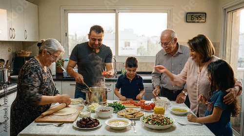 Multigenerational family preparing a meal in bright kitchen together