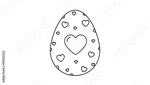 Single Easter egg decorated with numerous hand drawn hearts of various sizes shown in a clean black and white outline illustration.