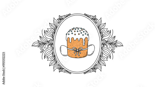 Traditional Easter cake with white icing and colorful sprinkles is presented inside a beautiful oval frame decorated with leafy branches.
