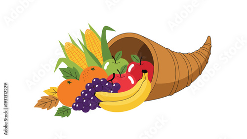 Large cornucopia or horn of plenty overflows with a harvest of autumn fruits and vegetables including corn, apples, grapes and bananas.
