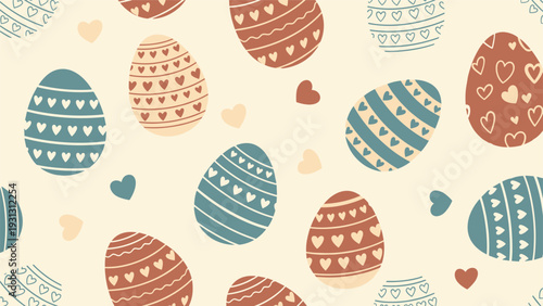 Decorative seamless pattern displays various Easter eggs in shades of blue and brown adorned with charming heart patterns and stripes.