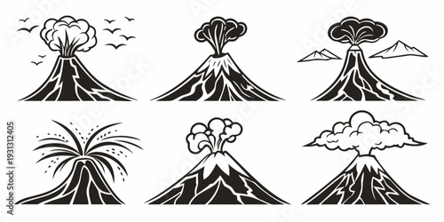 A series of six volcanoes illustrating different stages of eruption and activity