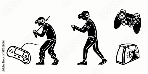 Illustration of a person engaged in various gaming activities