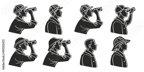 Eight people in a row, each wearing a different hat and drinking from a cup