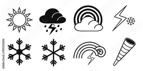 A collection of weather icons representing various atmospheric conditions and phenomena