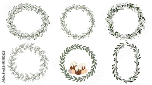 Collection of six varied leaf and floral wreaths includes one special design featuring Easter cakes and eggs at the bottom of the frame.