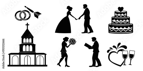 A collection of icons representing various aspects of a wedding ceremony and celebration