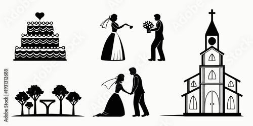 Silhouettes of wedding-related scenes, including a cake, couple, and church.