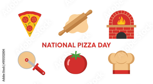 Six pizzarelated icons surrounding the red text NATIONAL PIZZA DAY