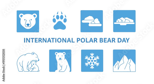 Graphic illustration for International Polar Bear Day with eight blue and white icons