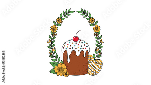 Traditional Easter kulich cake with white icing and a cherry is adorned with a floral arch and a couple of patterned eggs at the base.