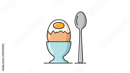 Simple food illustration shows a soft boiled egg in a blue cup with its top cracked open and a silver spoon standing next to it.