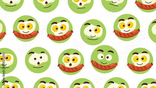 Whimsical seamless pattern features breakfast faces made of fried eggs and sausages on light green circular backgrounds.