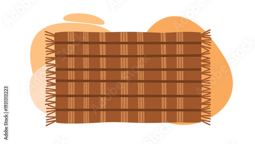 Cozy brown plaid picnic blanket is laid out against a soft abstract background with warm orange and cream shapes.