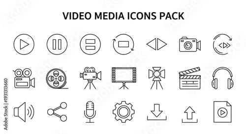 A comprehensive collection of outline video and media player control icons, perfect for web design and application interfaces.