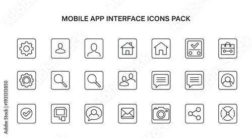 A comprehensive collection of minimalist outline icons representing various functions for mobile application interface design.