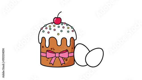 Traditional Easter cake decorated with white icing, colorful sprinkles, and a cherry on top alongside two white eggs for spring holiday celebrations.
