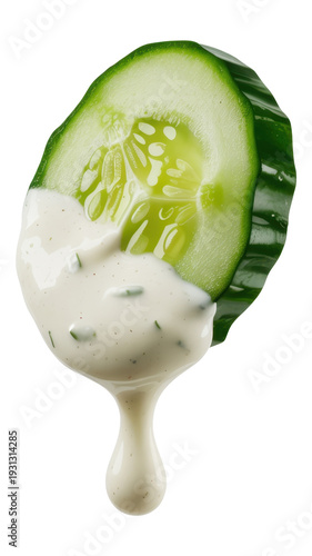 Cucumber slice with ranch dressing on a white background isolated on a transparent background