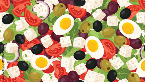 Vibrant seamless pattern showing fresh ingredients for a Greek salad including tomatoes, feta cubes, olives, and boiled egg halves.