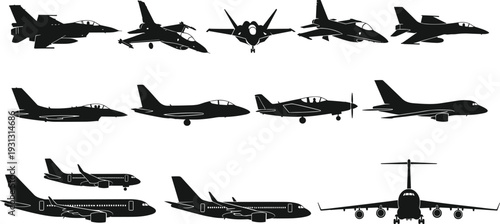 Military and commercial aircraft silhouette set with fighter jets, cargo plane, passenger airplane, and aviation transport collection
