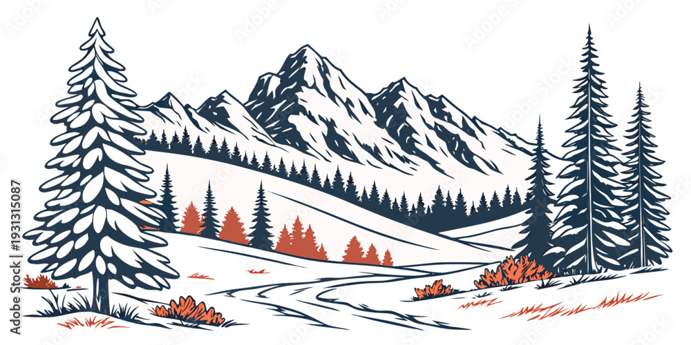 Fototapeta premium Alpine Forest with Snowy Peaks Minimal Colorful Vector Illustration 