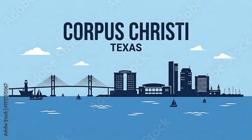 Corpus Christi Texas city skyline with sailboats and bridge