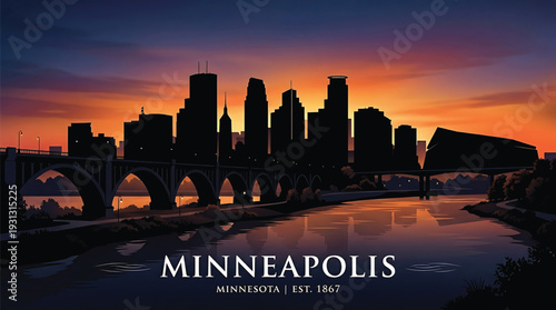 Vibrant Minneapolis cityscape at sunset with river and bridge