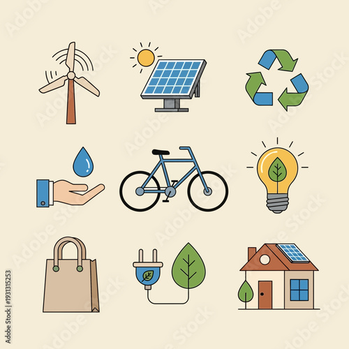 Φωτογραφία Embrace sustainability with renewable energy icons featuring wind turbines solar