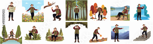 Flat Style Various Activities of Hiker Character and Nature Elements Illustration