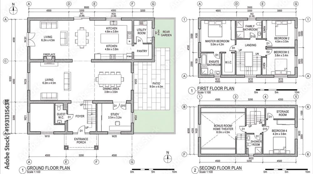 Fototapeta premium Detailed modern home floor plan with spacious rooms and garden