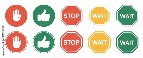 Stop, Wait, and Go Sign Symbol Set with Red, Yellow, and Green Colors, vector icon collection featuring road signs, traffic signal symbols, stop, wait, and go indicators, isolated graphics for urban