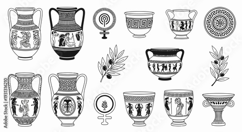 Discover the timeless elegance of ancient Greek pottery and symbols, perfect for historical designs and cultural storytelling.