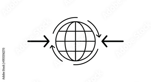 Black globe with curved arrows rotating.