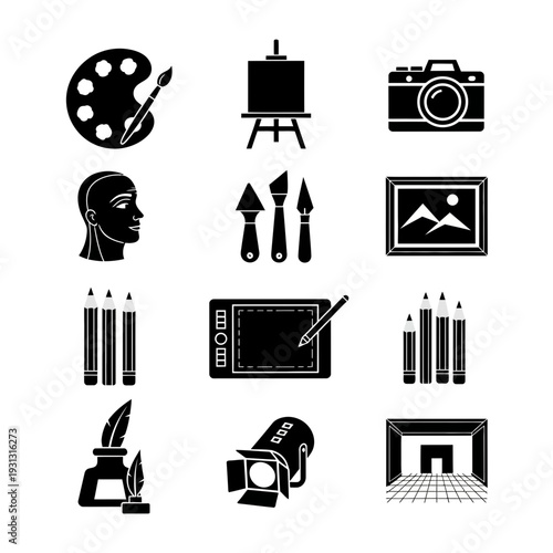 Inspire creativity and artistic expression with this collection of essential art and design icons, perfect for visual storytelling and digital projects.