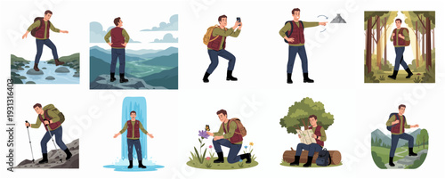 Stylish Flat Design Man Hiking in Nature and the Outdoors Illustration