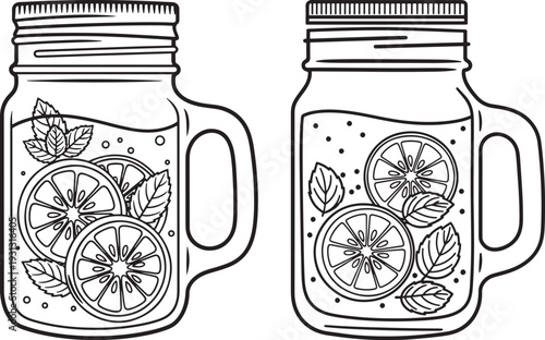 Two mason jar glasses filled with refreshing lemonade, sliced oranges, and mint leaves, perfect for summer drinks