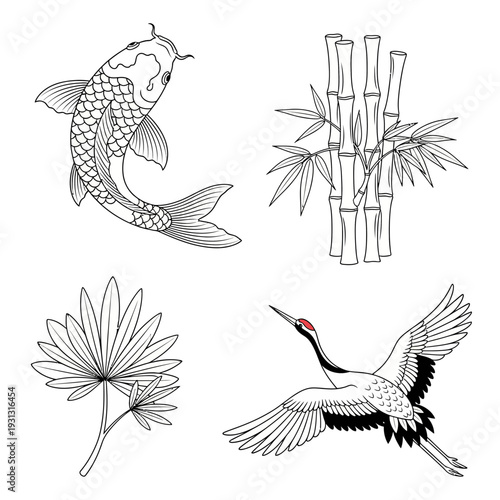 Elegant koi fish, bamboo, fan palm, and soaring crane design elements evoking serene Asian beauty and natural harmony for creative projects.