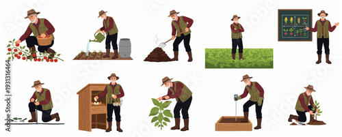 Flat Style Detailed Gardener in Action Set Showing Different Stages of Gardening