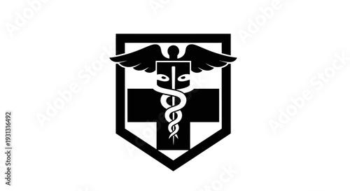 Medical emblem silhouette with caduceus and cross in shield. Clean monochrome vector icon symbolizing healthcare, safety, and professional aid