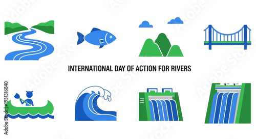 Icons related to rivers including nature recreation and infrastructure under text
