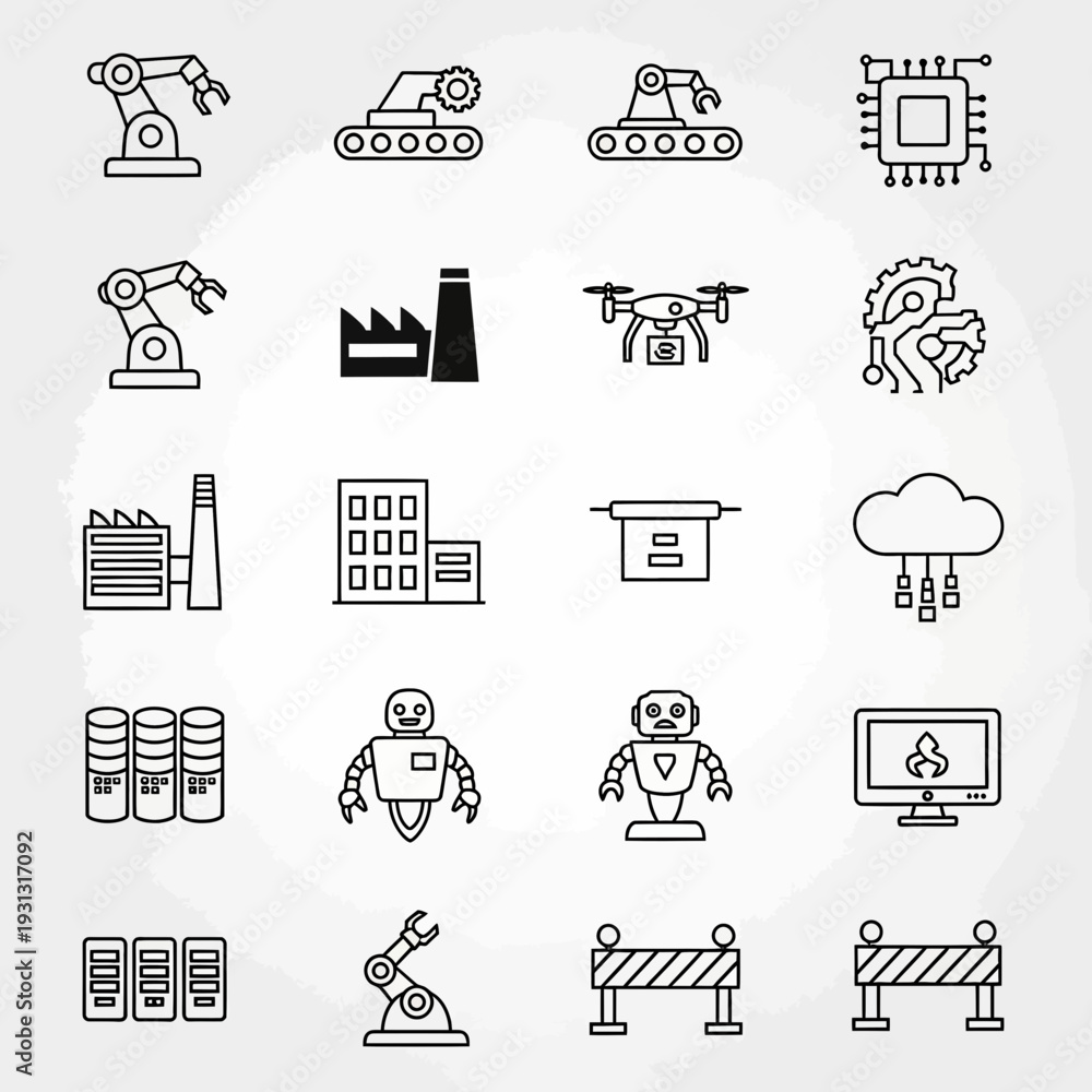 Fototapeta premium Modern industrial technology icons for automation, robotics, manufacturing, and digital innovation projects showcasing smart systems