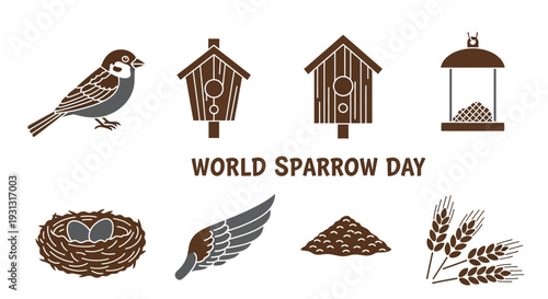 Brown and gray icons celebrating World Sparrow Day featuring a sparrow birdhouses a feeder nest wing grain pile and wheat