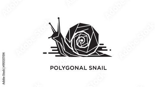 A stylized polygonal snail illustration in black and white, with a geometric design on a clean white background, conveying a sense of modernity and simplicity.